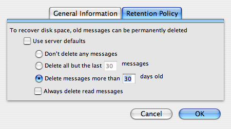 Thunderbird Mail Retention Policy Dialogue Box