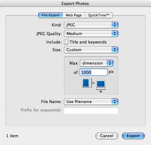 iPhoto 7 - Export Settings - Custom Size