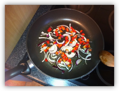 Chop and fry the onion and pepper