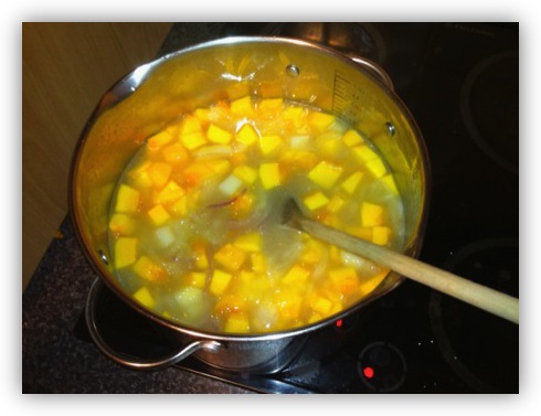 Add water and the Potatoes and Pumpkin to the Pot