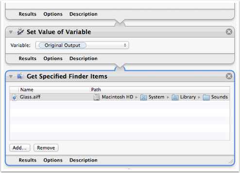 Add Get Specified Finder Items action and Add Audio File