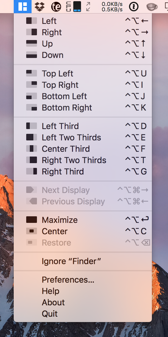 Magnet's Menubar menu