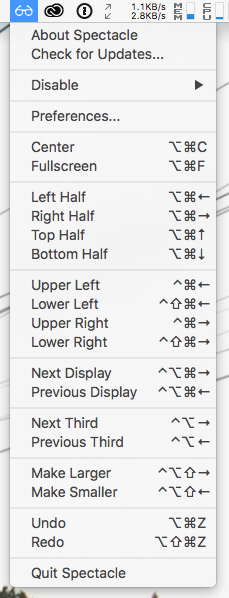 Screenshot of Spectacle Menubar Item