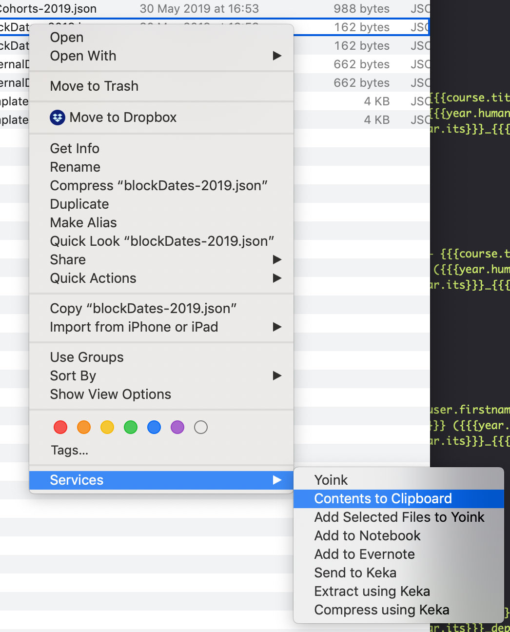 A screenshot showing the Contents to Clipboard Quick Action in the Finder