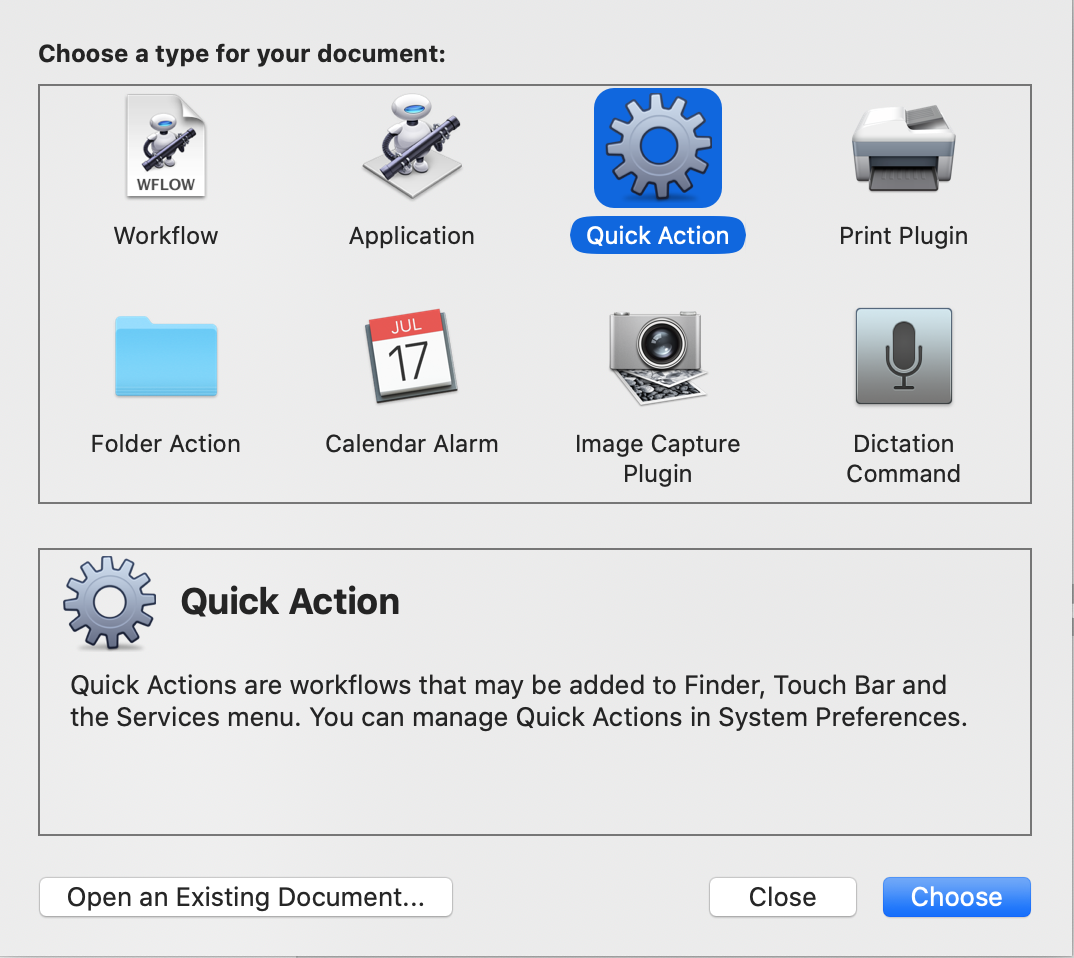 Screenshot showing Quick Action as new Document Type in Automator