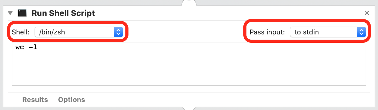 Screenshot showing Run Shell Script Automator Action