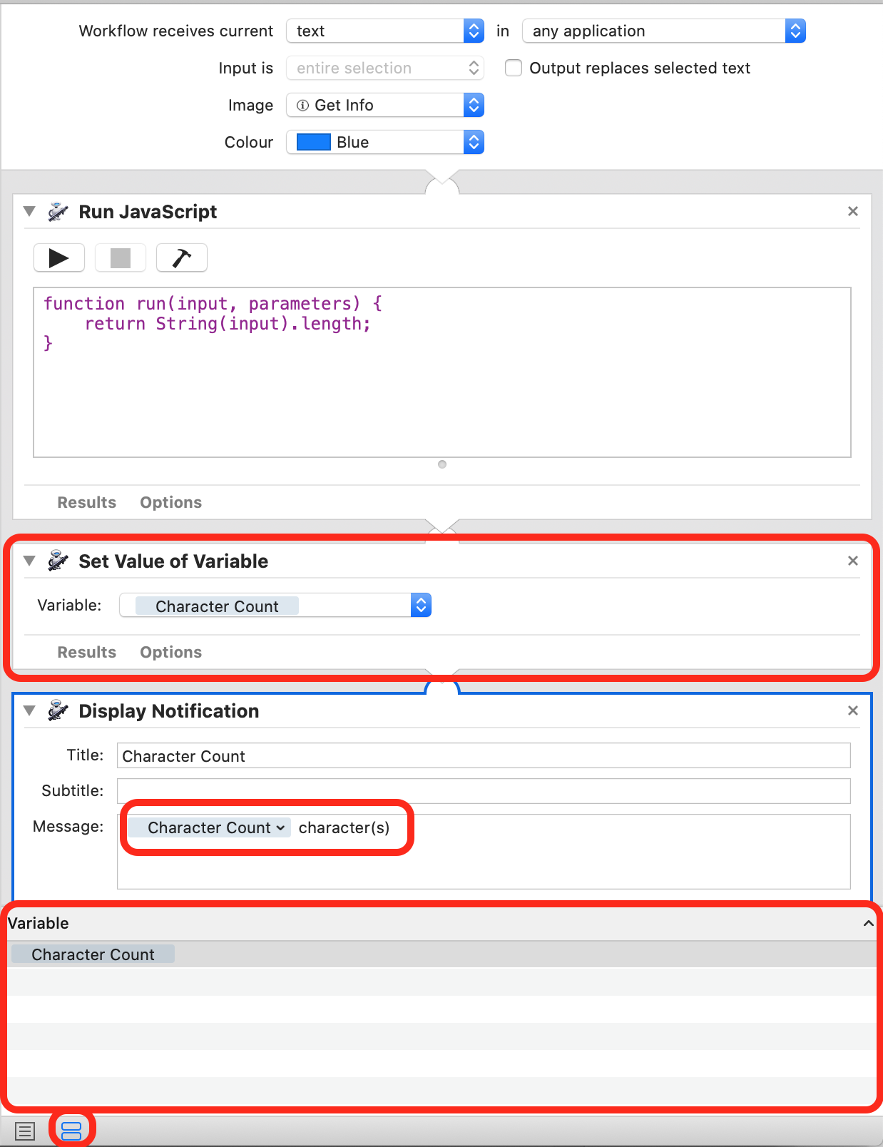 Screenshot showing a variable in use in an Automator workflow