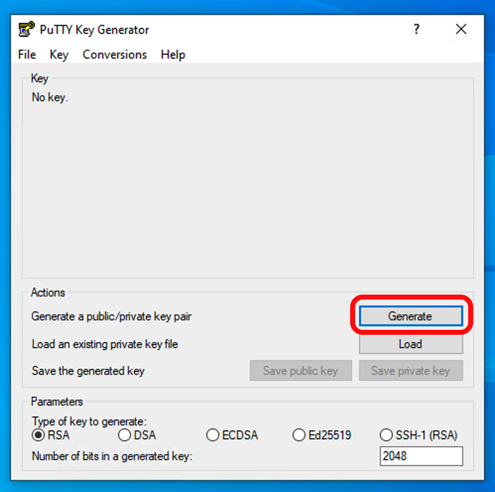 Screenshot showing PuTTYgen key-pair generation