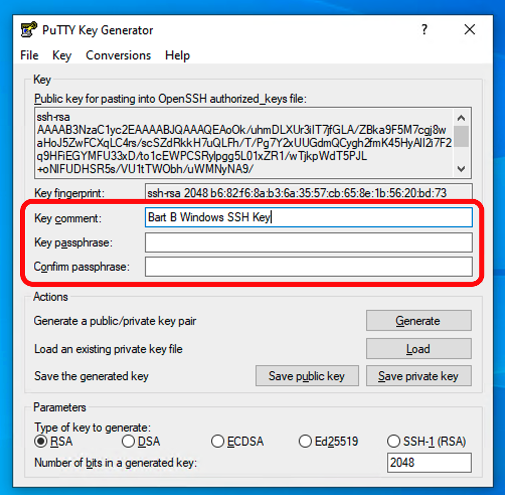 Screenshot showing PuTTYgen key-pair configuration