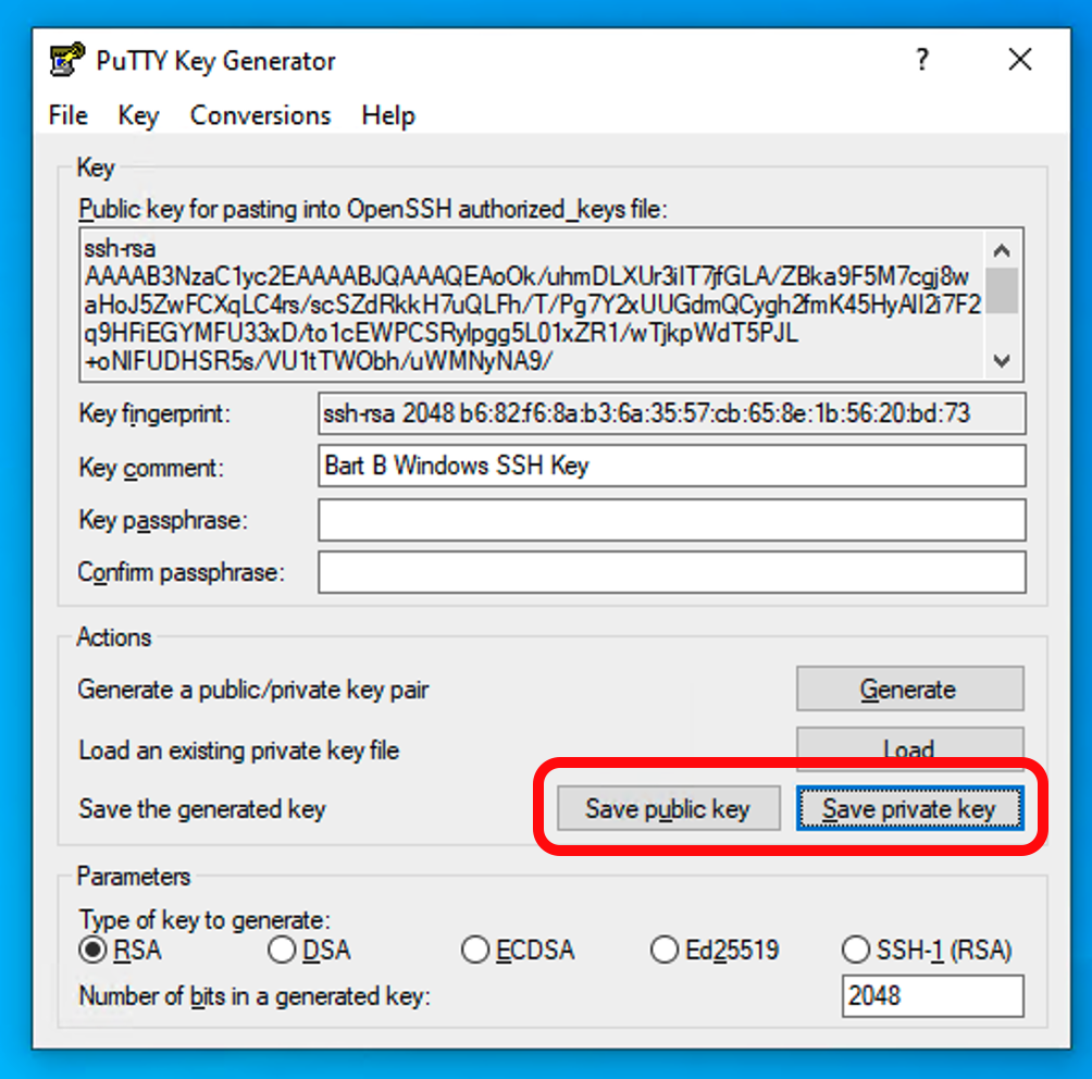 Screenshot showing PuTTYgen key-pair saving