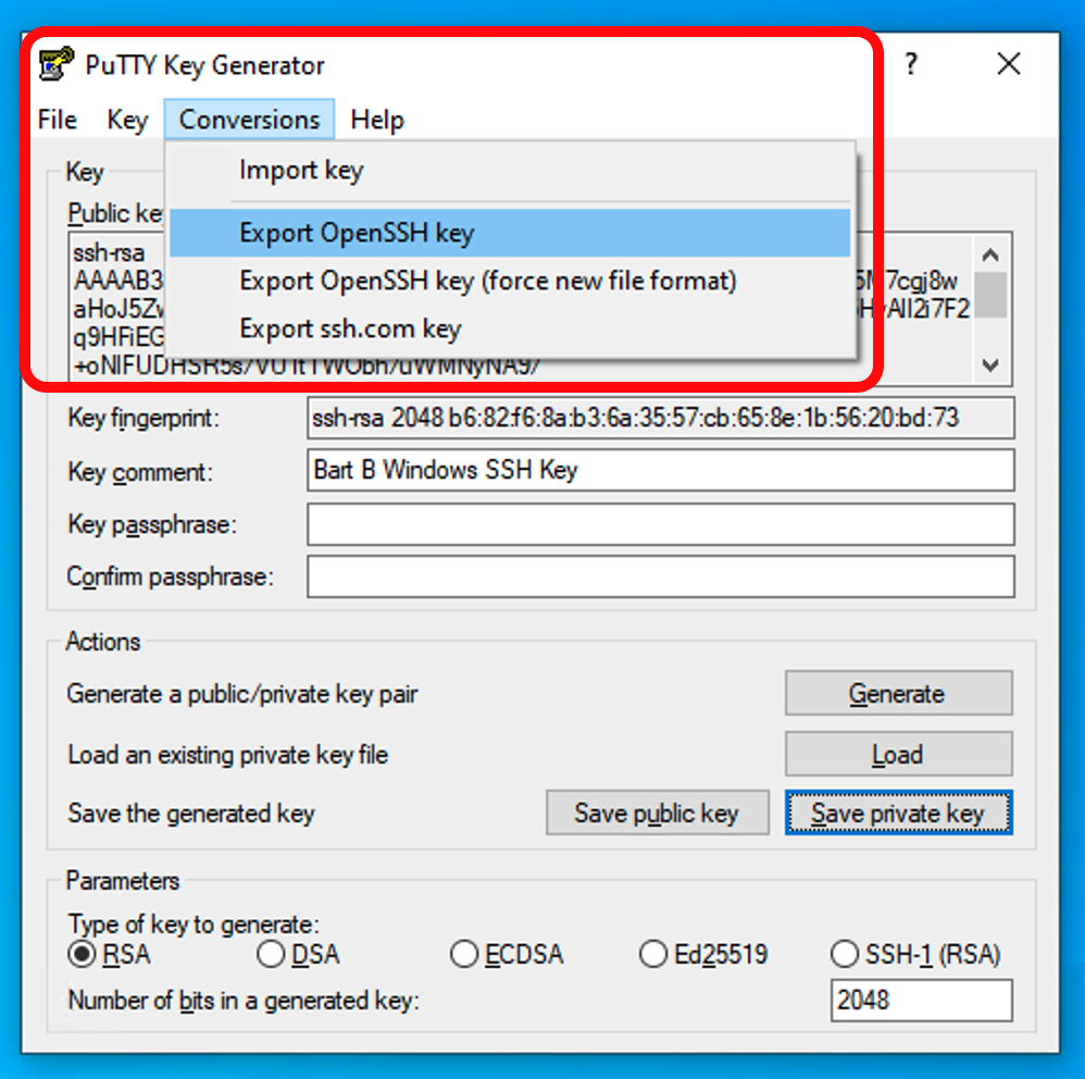 Screenshot showing PuTTYgen private key OpenSSH export