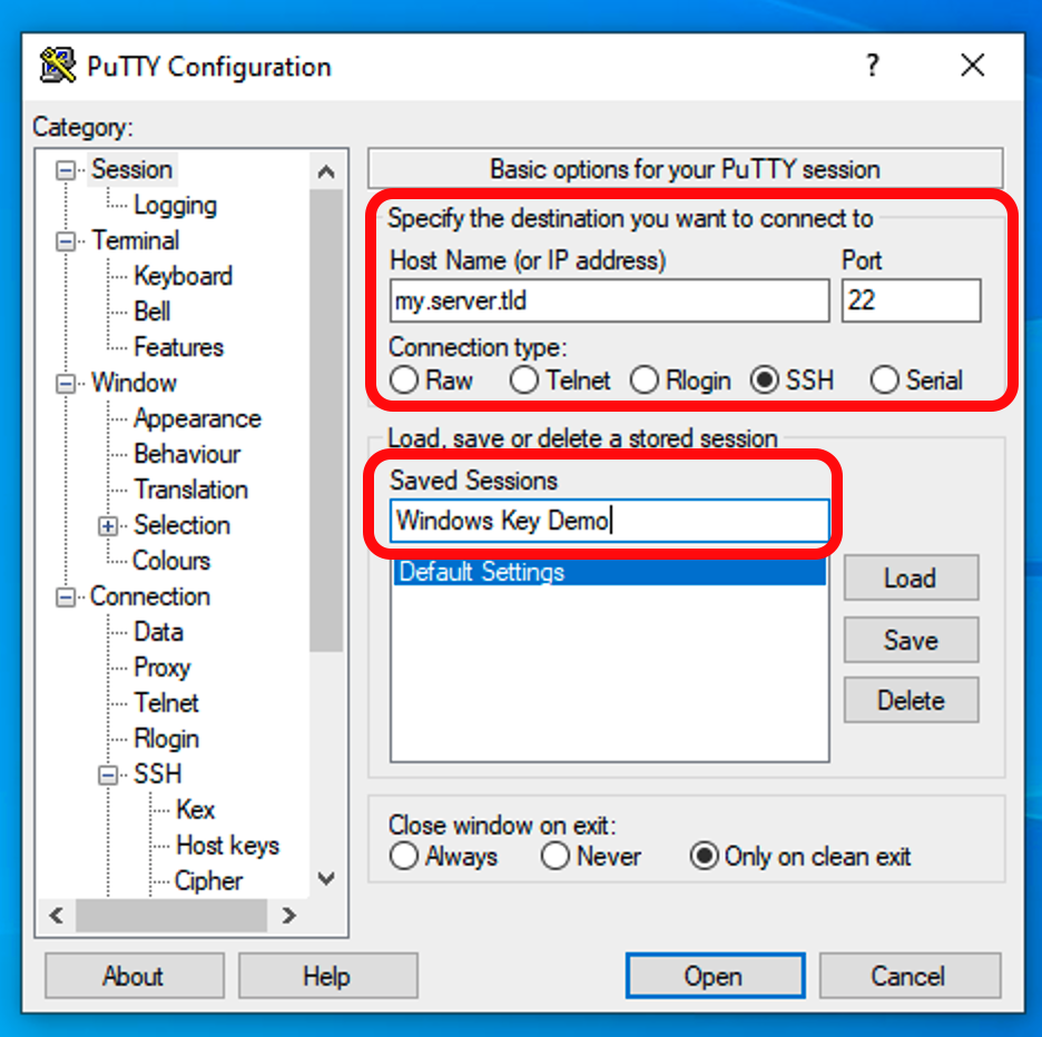 Screenshot showing PuTTY session creation step 1