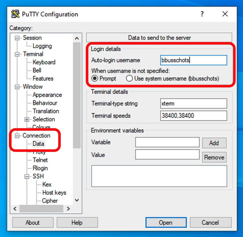 Screenshot showing PuTTY session creation step 2