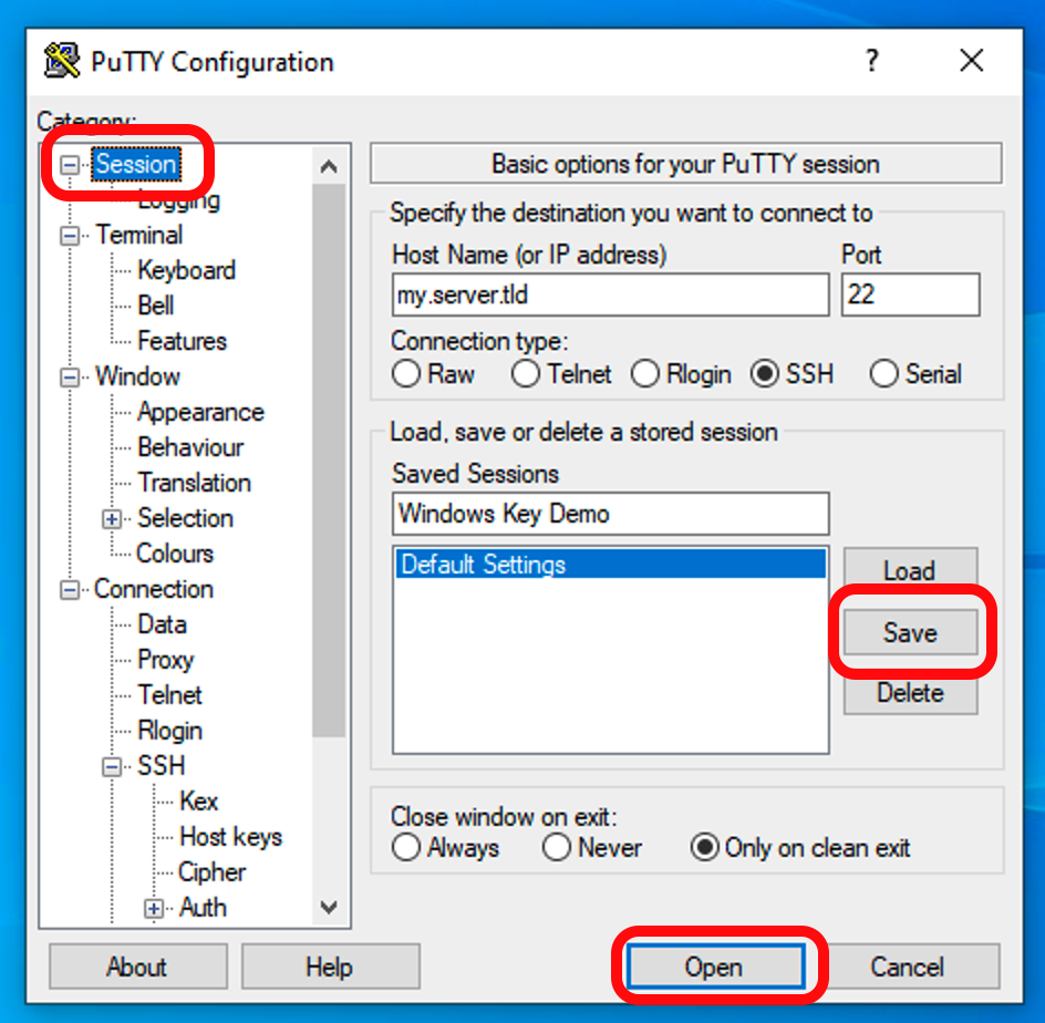 Screenshot showing PuTTY session creation step 4