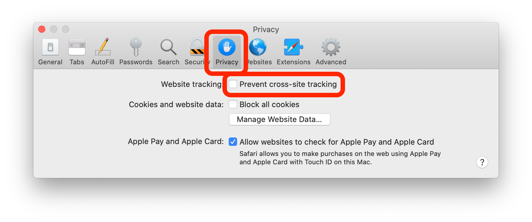 Screenshot showing the 'Prevent cross-site tracking' checkbox in Safari's settings window